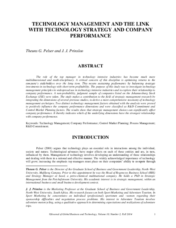 (PDF) TECHNOLOGY MANAGEMENT AND THE LINK WITH TECHNOLOGY STRATEGY AND ...