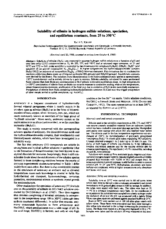 (PDF) Solubility of stibnite in hydrogen sulfide solutions, speciation ...