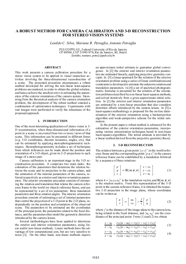 (PDF) A Robust Method for Camera Calibration and 3-D Reconstruction for ...