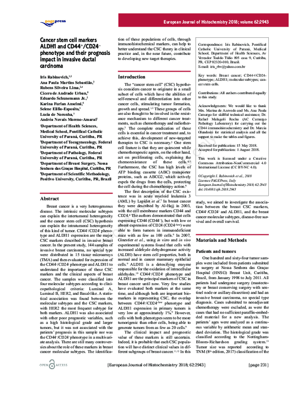(PDF) Cancer stem cell markers ALDH1 and CD44+/CD24- phenotype and ...