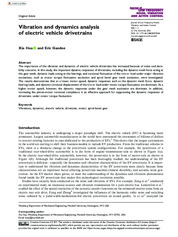 (PDF) Vibration and dynamics analysis of electric vehicle drivetrains