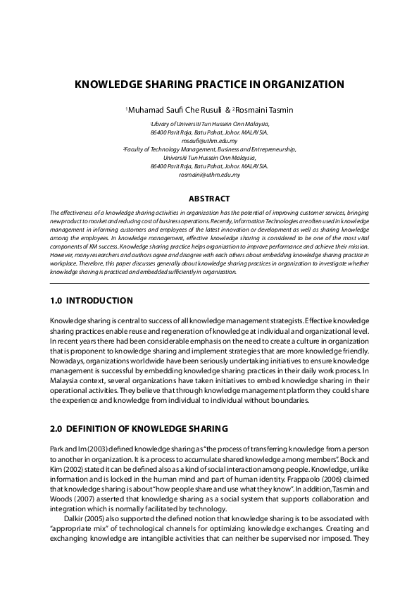 (PDF) Knowledge sharing practice in organization