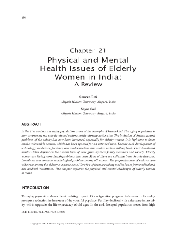(PDF) Physical and Mental Health Issues of Elderly Women in India: A Review