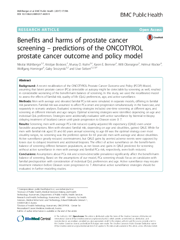 (PDF) Benefits and harms of prostate cancer screening - predictions of ...