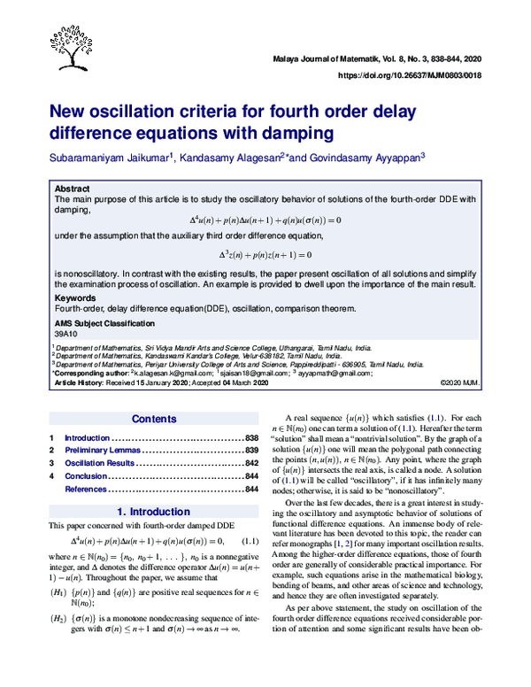 (PDF) New oscillation criteria for fourth order delay difference ...