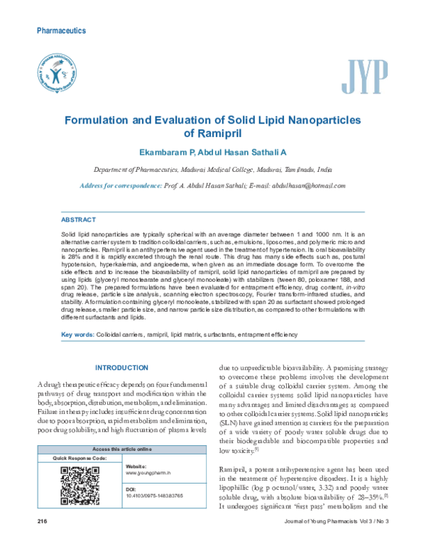 (PDF) Formulation and evaluation of solid lipid nanoparticles of ramipril