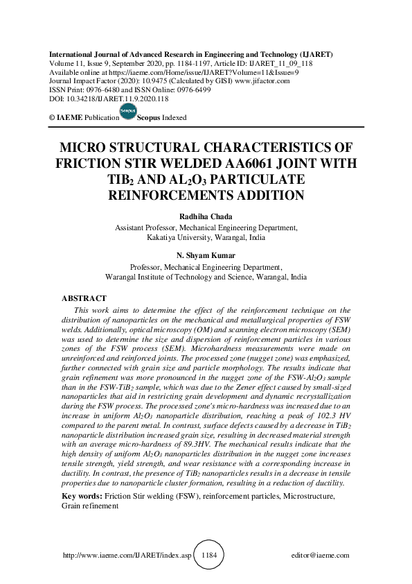 (PDF) MICRO STRUCTURAL CHARACTERISTICS OF FRICTION STIR WELDED AA6061 ...