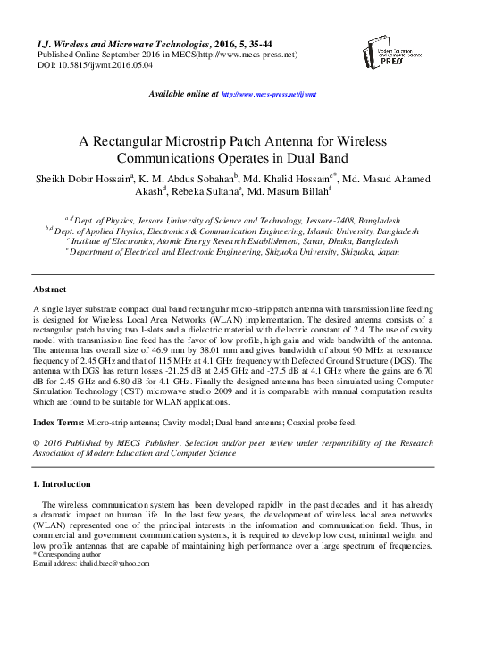 (PDF) A Rectangular Microstrip Patch Antenna for Wireless ...
