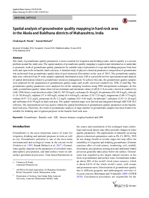 (PDF) Spatial analysis of groundwater quality mapping in hard rock area ...