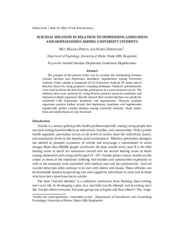 (PDF) Suicidal ideation in relation to depression, loneliness and ...