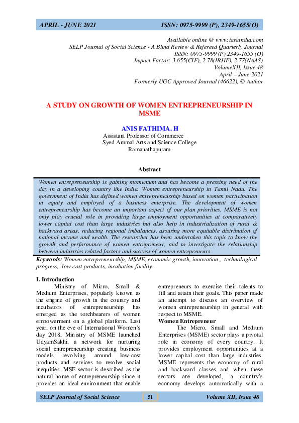 (PDF) A STUDY ON GROWTH OF WOMEN ENTREPRENEURSHIP IN MSME