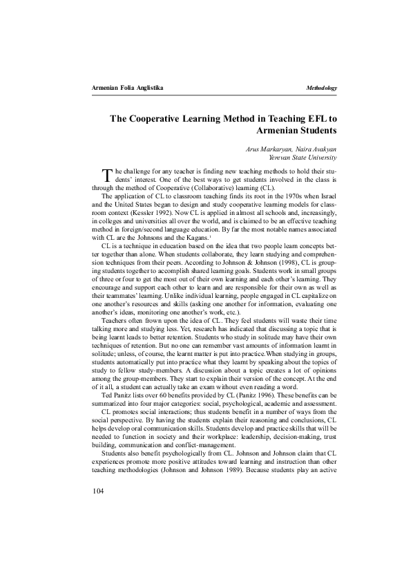 (PDF) The Cooperative Learning Method in Teaching EFL to Armenian Students