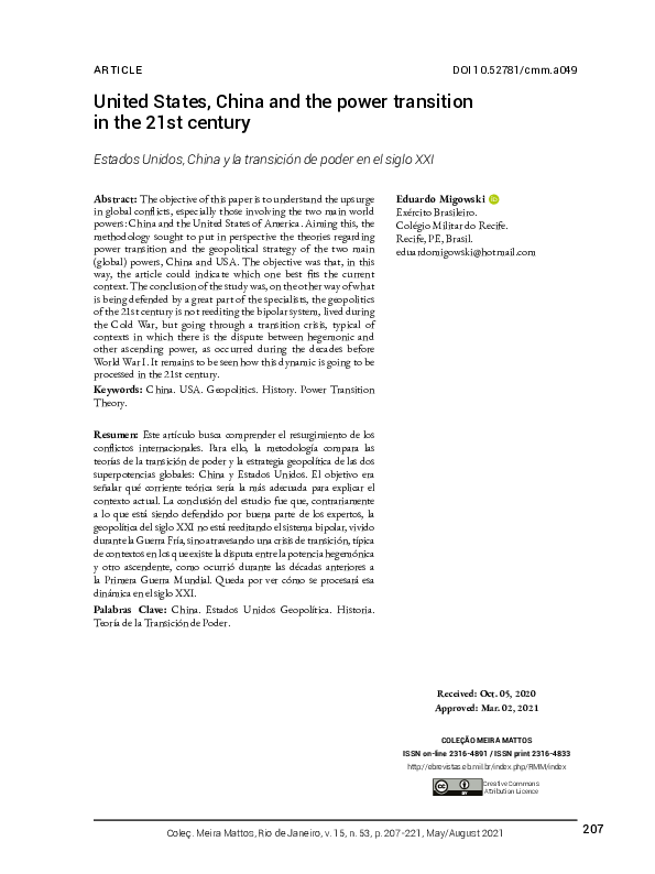 (PDF) United States, China and the power transition in the 21st century