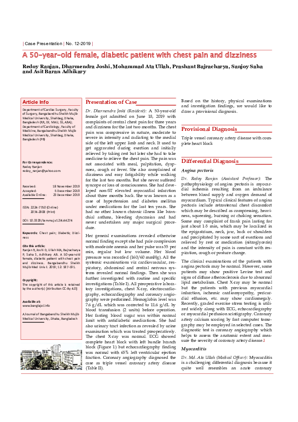 (PDF) A 50yearold female, diabetic patient with chest pain and dizziness Redoy Ranjan