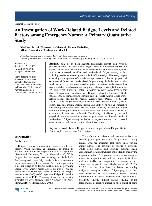 (PDF) An Investigation of Work-Related Fatigue Levels and Related ...