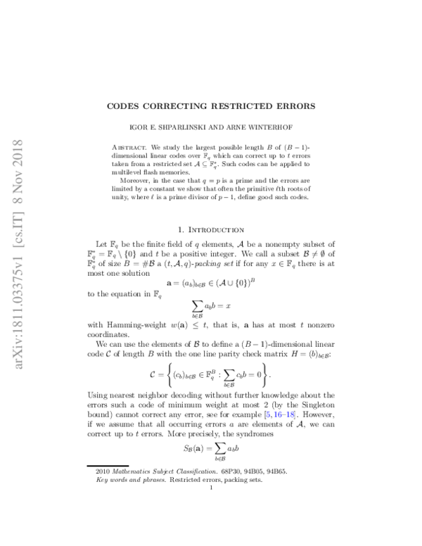 (PDF) Codes correcting restricted errors Arne Winterhof Academia.edu