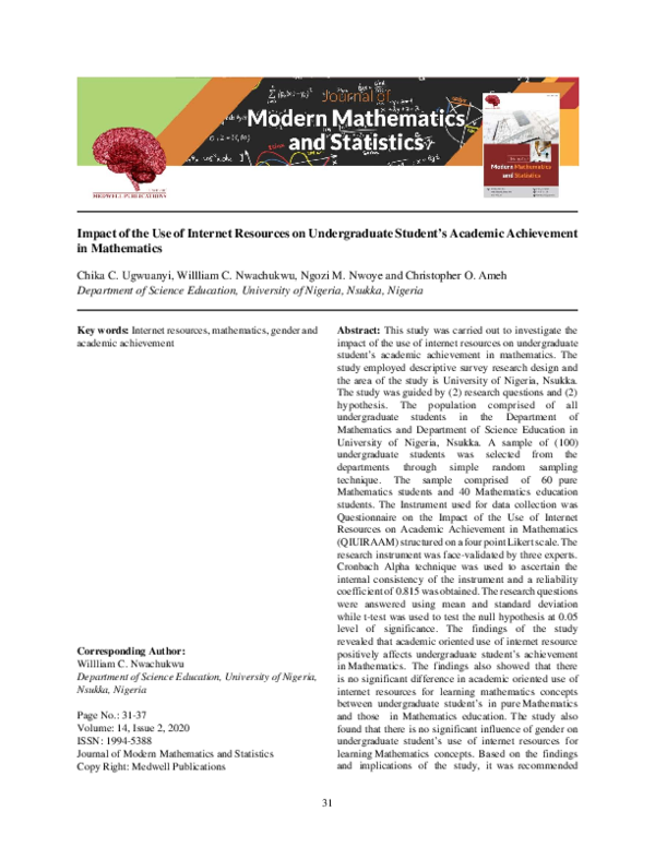 (PDF) Impact of the Use of Internet Resources on Undergraduate Student ...