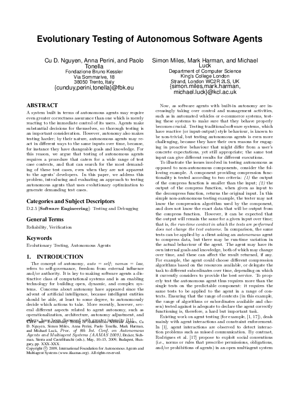 (PDF) Evolutionary testing of autonomous software agents