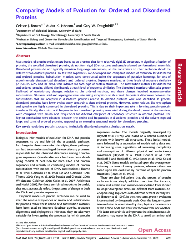 (PDF) Comparing Models of Evolution for Ordered and Disordered Proteins