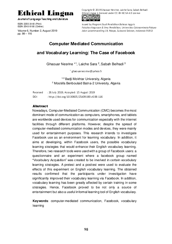 (PDF) Computer Mediated Communication and Vocabulary Learning: The Case ...