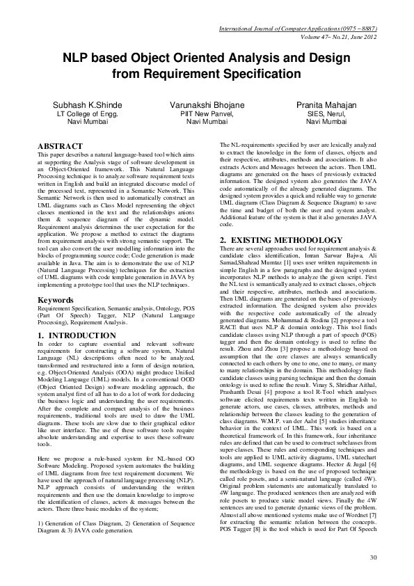 (PDF) NLP based Object Oriented Analysis and Design from Requirement ...