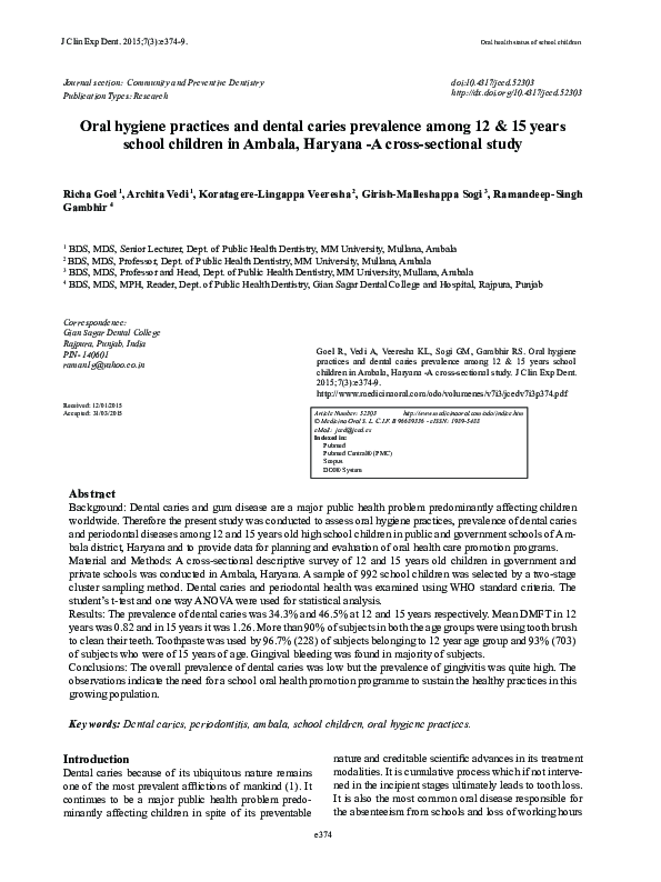 (PDF) Oral hygiene practices and dental caries prevalence among 12 and ...