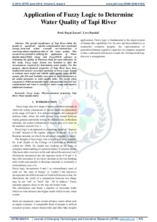 (PDF) Application of Fuzzy Logic to Determine Water Quality of Tapi River