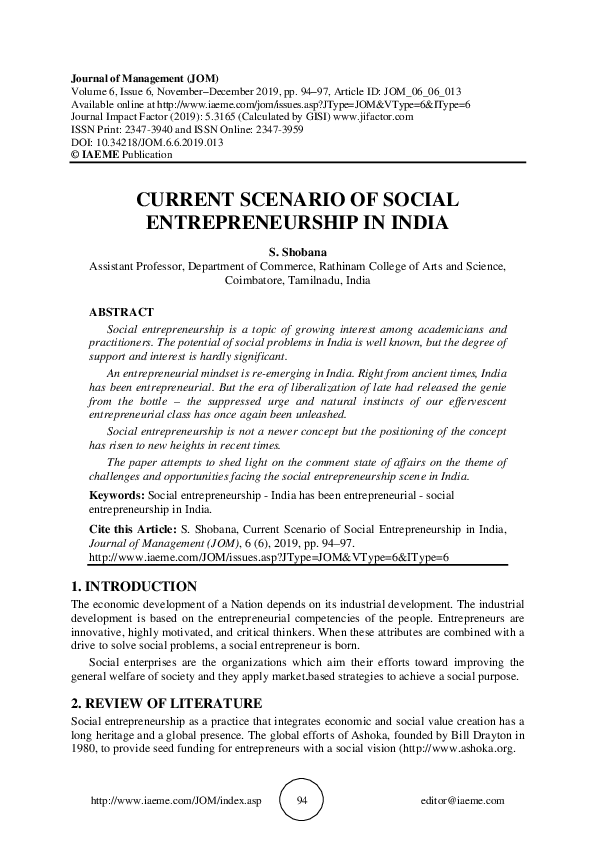 (PDF) CURRENT SCENARIO OF SOCIAL ENTREPRENEURSHIP IN INDIA