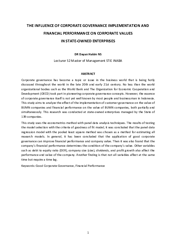 (PDF) THE INFLUENCE OF CORPORATE GOVERNANCE IMPLEMENTATION AND ...