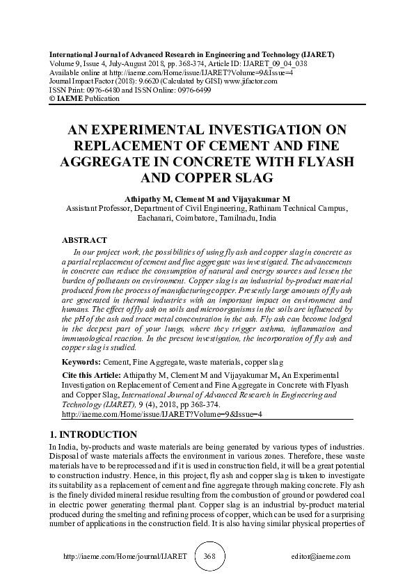 (PDF) AN EXPERIMENTAL INVESTIGATION ON REPLACEMENT OF CEMENT AND FINE ...