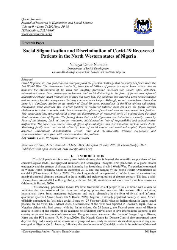 (PDF) Social Stigmatization and Discrimination of Covid-19 Recovered ...