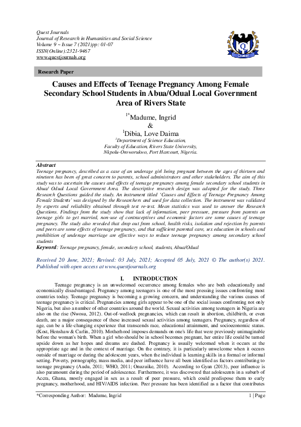 (PDF) Causes and Effects of Teenage Pregnancy Among Female Secondary ...