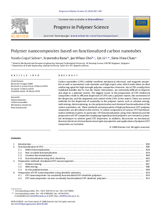 (PDF) Polymer nanocomposites based on functionalized carbon nanotubes