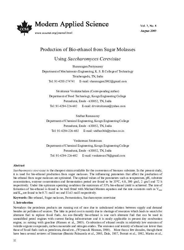 (PDF) Production of Bio-ethanol from Sugar Molasses Using Saccharomyces ...