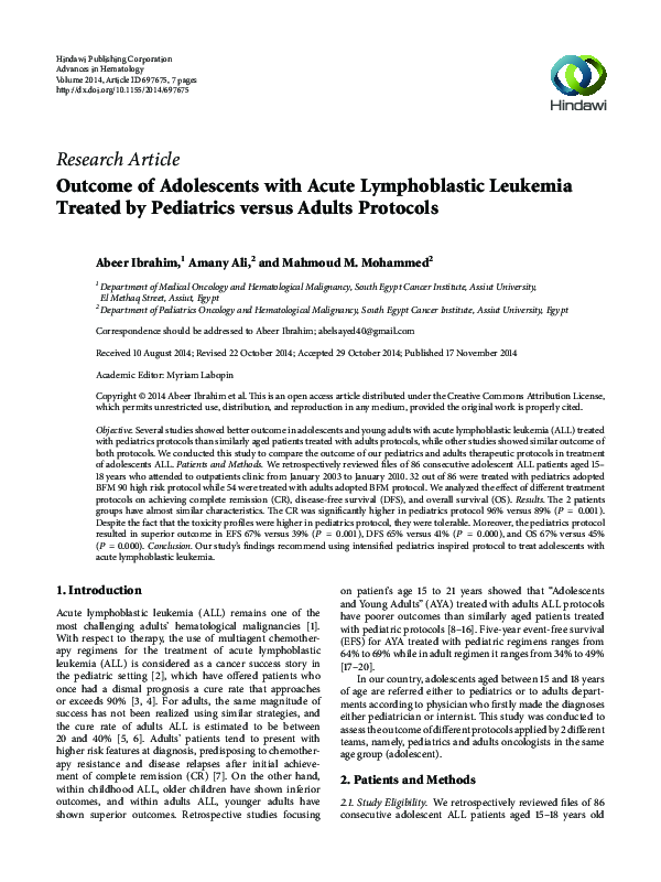 (PDF) Outcome of Adolescents with Acute Lymphoblastic Leukemia Treated ...