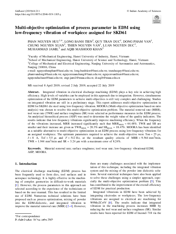 (PDF) Multi-objective optimization of process parameter in EDM using ...