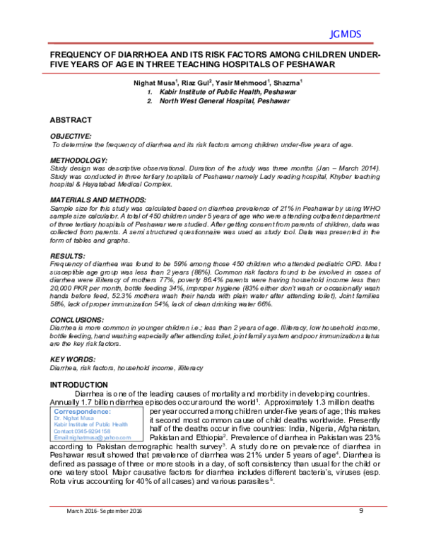 (PDF) Frequency of Diarrhoea and its Risk Factors among Children Under ...