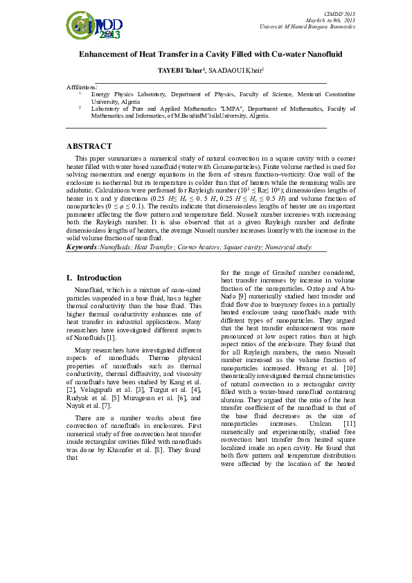 (PDF) Enhancement of Heat Transfer in a Cavity Filled with Cu-water ...