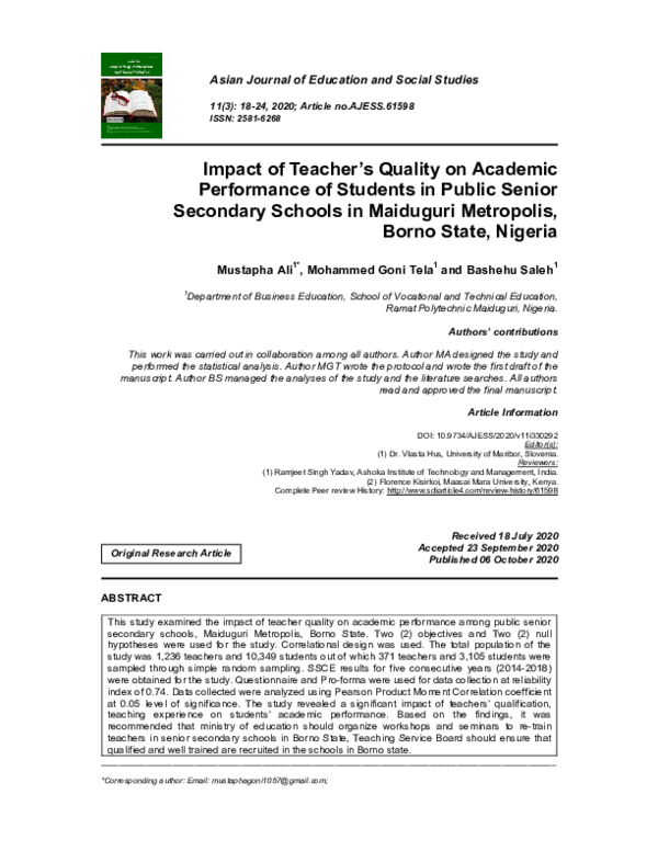 (PDF) Impact of Teacher's Quality on Academic Performance of Students ...
