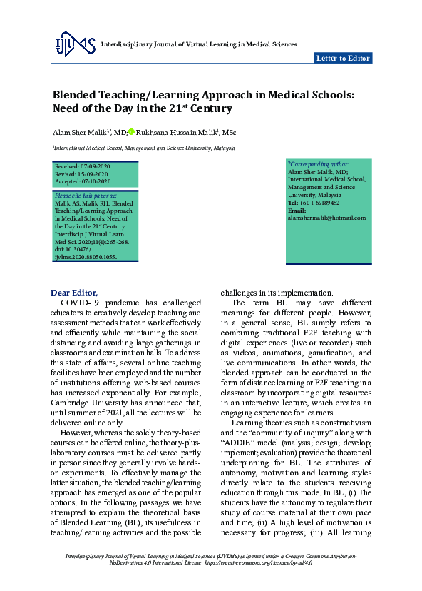 (PDF) Blended Teaching/Learning Approach in Medical Schools: Need of ...