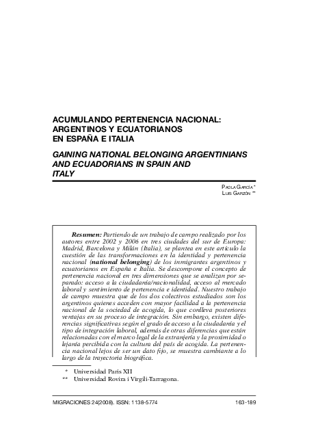 Acumulando pertenencia nacional: argentinos y ecuatorianos en Espa��a e Italia