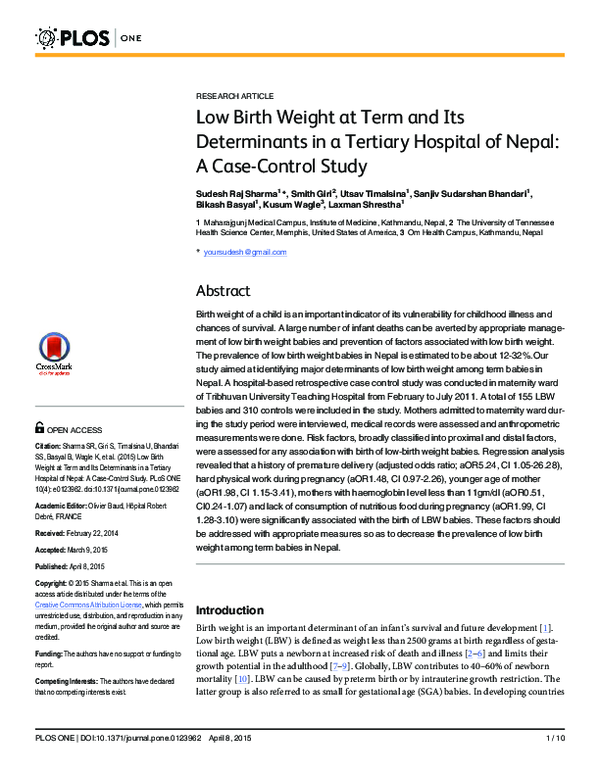 (PDF) Low Birth Weight at Term and Its Determinants in a Tertiary ...
