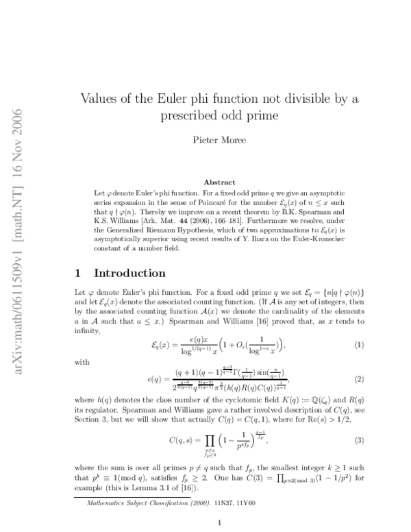 (PDF) Values of the Euler phi function not divisible by a given odd prime