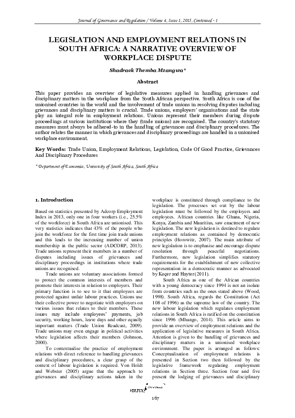 (PDF) Legislation and Employment Relations in South Africa: A Narrative ...