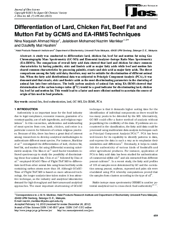 (PDF) Differentiation of lard, chicken fat, beef fat and mutton fat by GCMS and EAIRMS