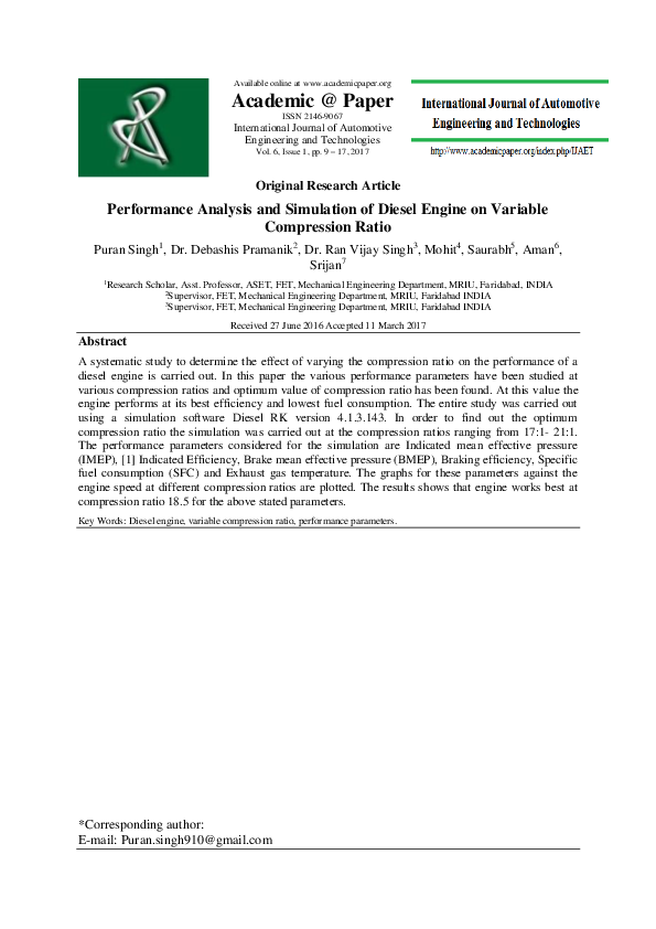 (PDF) Performance Analysis and Simulation of Diesel Engine on Variable ...