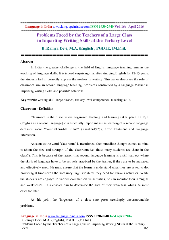 (PDF) Problems Faced by the Teachers of a Large Class in Imparting ...