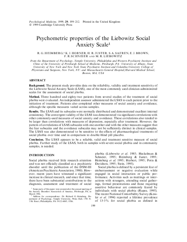 (PDF) Psychometric properties of the Liebowitz social anxiety scale