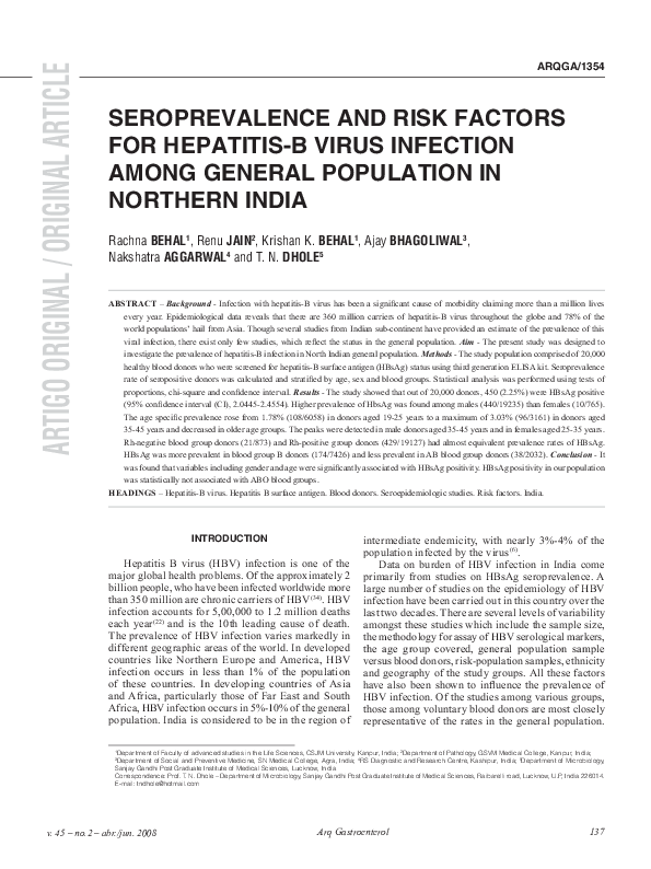 (PDF) Seroprevalence and risk factors for hepatitis B virus infection ...