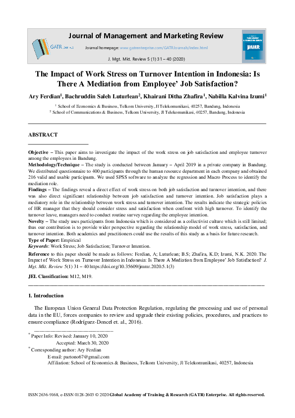 (PDF) The Impact of Work Stress on Turnover Intention in Indonesia: Is ...